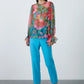 Floral Patterned Turquoise Chiffon Blouse