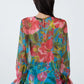 Floral Patterned Turquoise Chiffon Blouse