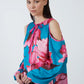 Shoulder Window Detailed Patterned Turquoise Blouse