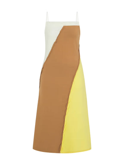 Knee Length Brown Color block Dress