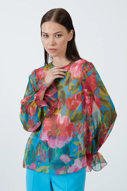 Floral Patterned Turquoise Chiffon Blouse