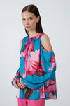 Shoulder Window Detailed Patterned Turquoise Blouse