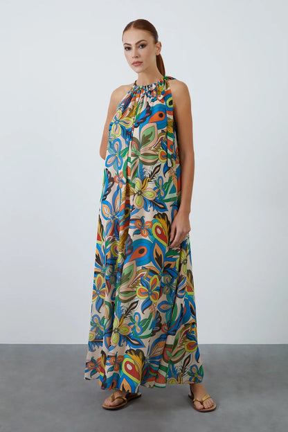 Collar Tie Patterned Chiffon Long Green Dress