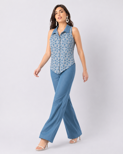 Sky Pinstripe Wide-Leg Pants
