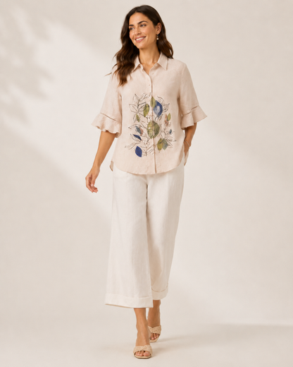 Neutral Botanical Ruffle Shirt