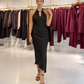 Celeste Pearl-Detail Halter Midi Dress – Black