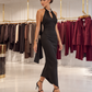 Celeste Pearl-Detail Halter Midi Dress – Black