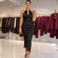 Celeste Pearl-Detail Halter Midi Dress – Black