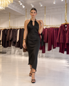 Celeste Pearl-Detail Halter Midi Dress – Black