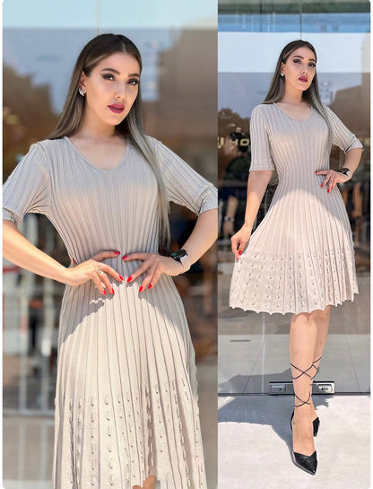 Ribbed Pleated Knit Dress