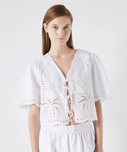 Embroidered front tie blouse
