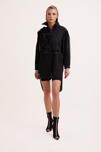 Black High-Low Shirt with Rose Cut Trim